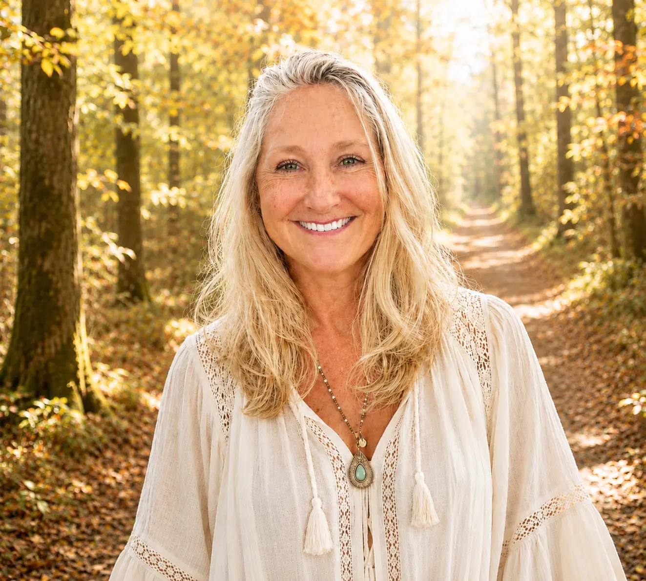 Trine Searle, psychotherapist, in an autumn forest